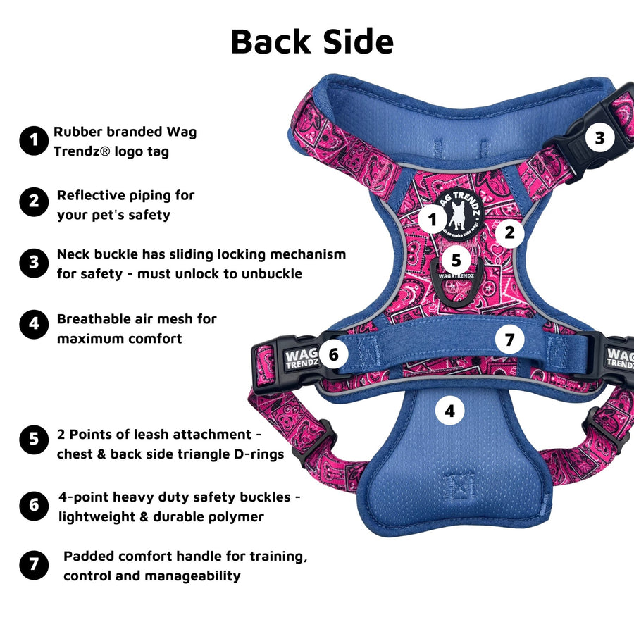 Dog No Pull Harness - with Handle - Bandana Boujee No Pull Harness in Hot Pink with Denim Accents - backside view with product feature captions - against solid white background - Wag Trendz