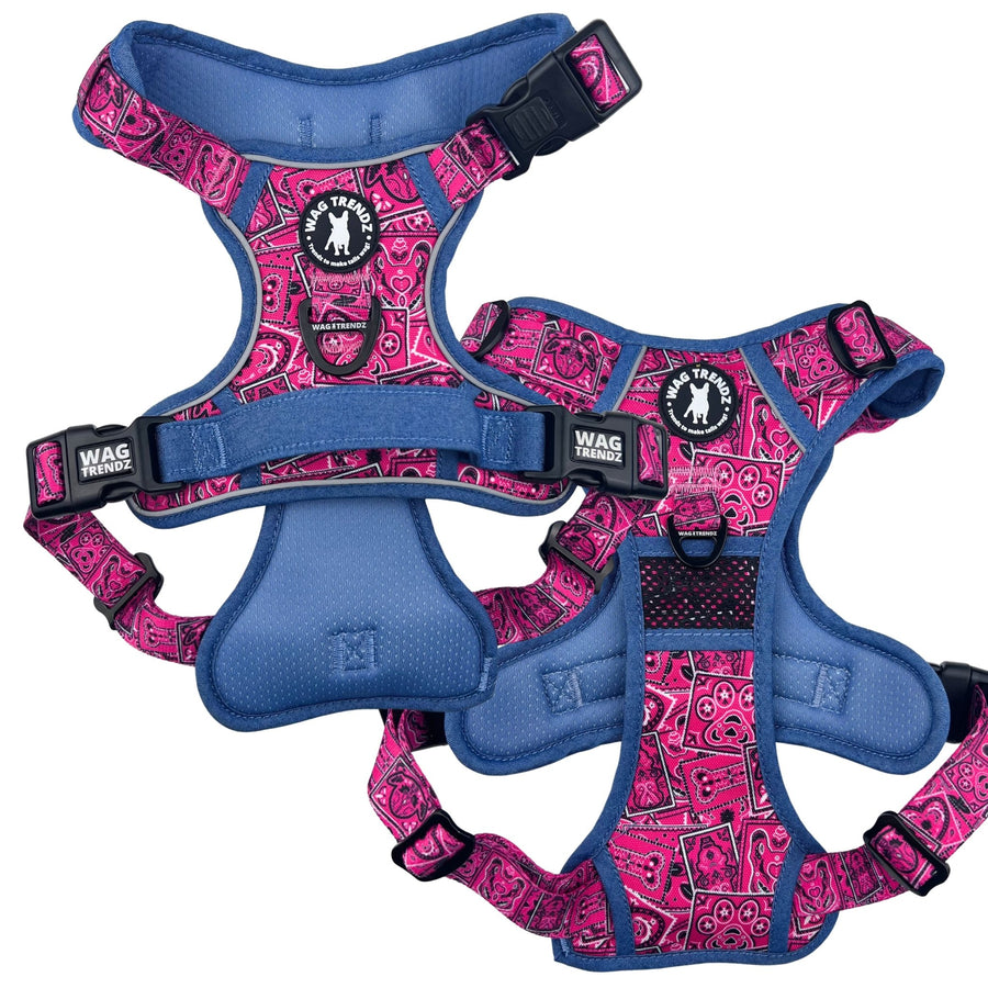 No Pull Dog Harness - with Handle - Bandana Boujee No Pull Dog Harness in Hot Pink with Denim Accents - chest and back view - against solid white background - Wag Trendz