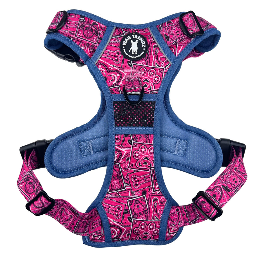Dog No Pull Harness - with Handle - Bandana Boujee No Pull Harness in Hot Pink with Denim Accents - chest view - against solid white background - Wag Trendz