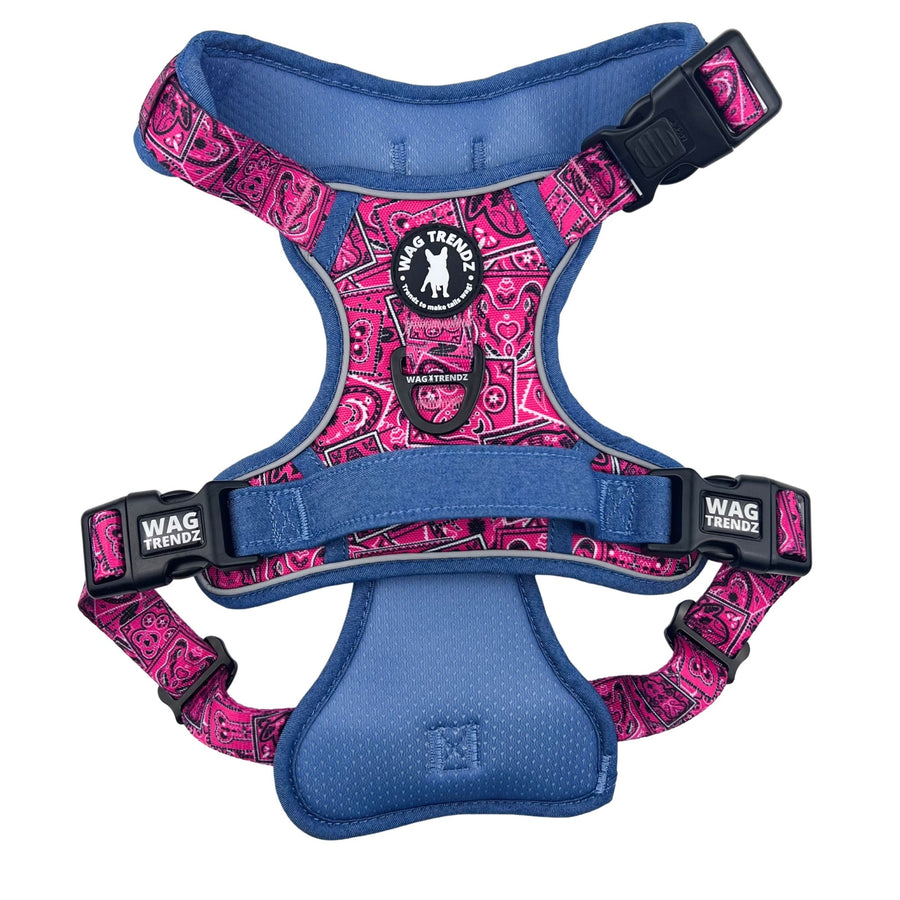 Dog No Pull Harness - with Handle - Bandana Boujee No Pull Harness in Hot Pink with Denim Accents - back view - against solid white background - Wag Trendz
