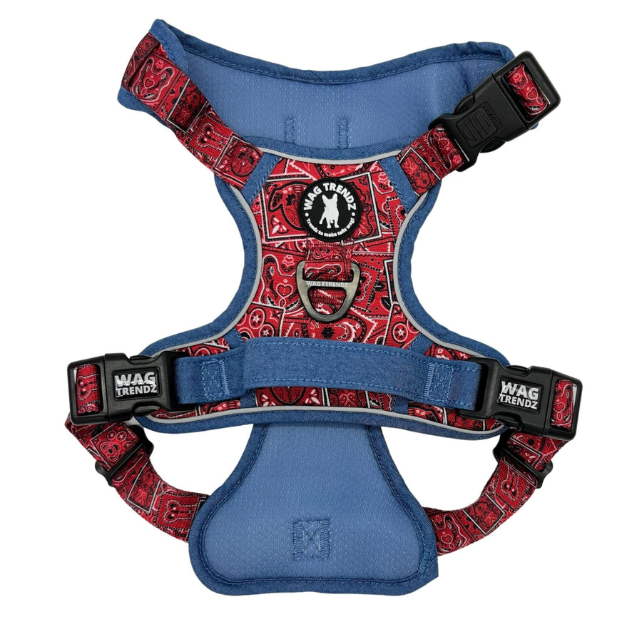 No Pull Dog Harness - with Handle - Red Bandana Boujee No Pull Dog Harness with denim handle and accents - back view - against solid white background - Wag Trendz