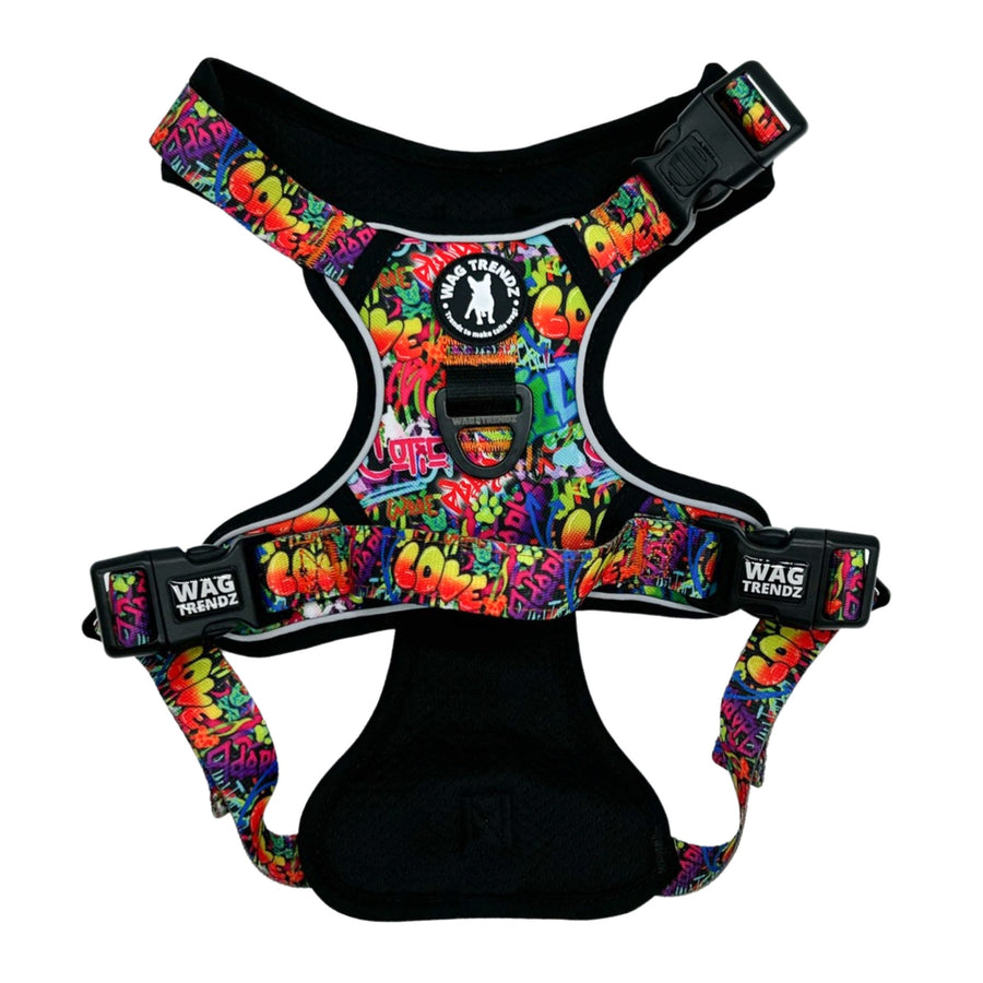 No Pull Dog Harness - with handle - Multi colored Street Graffiti no pull dog harness - against solid white background - Wag Trendz