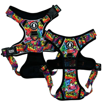 No Pull Dog Harness - with Handle - Multi colored Street Graffiti no pull dog harness - chest and backside view against solid white background - Wag Trendz