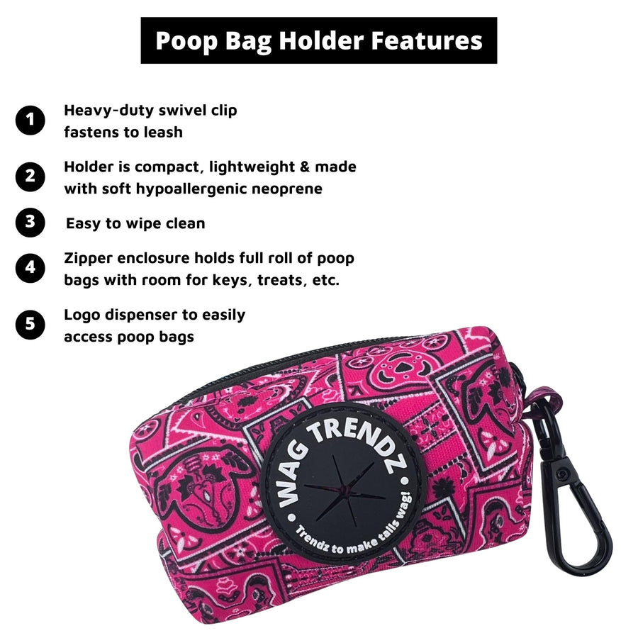 Dog Poo Bag Holder - Bandana Boujee - Hot Pink with black zipper and black rubber logo dispenser on front - with product feature captions - against a solid white background - Wag Trendz