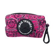Dog Poo Bag Holder - Bandana Boujee - Hot Pink with black zipper and black rubber logo dispenser on front - against a solid white background - Wag Trendz