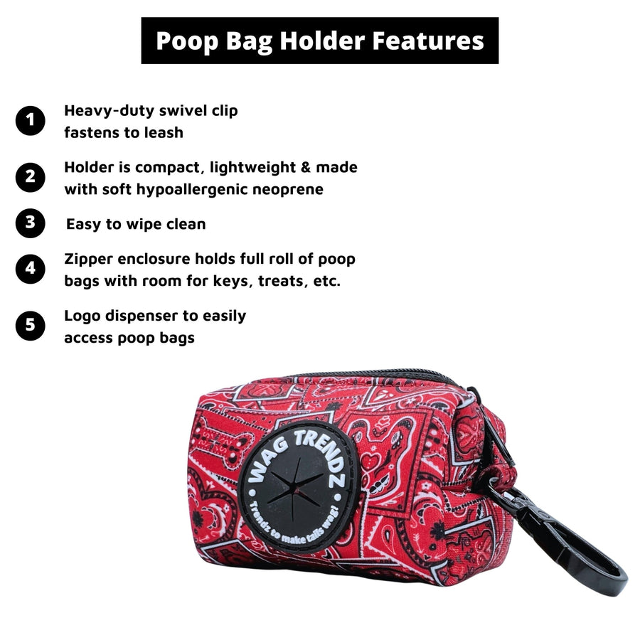 Dog Poo Bag Holder - Bandana Boujee - Red with black zipper and black rubber logo dispenser on front - with product feature captions - against a solid white background - Wag Trendz