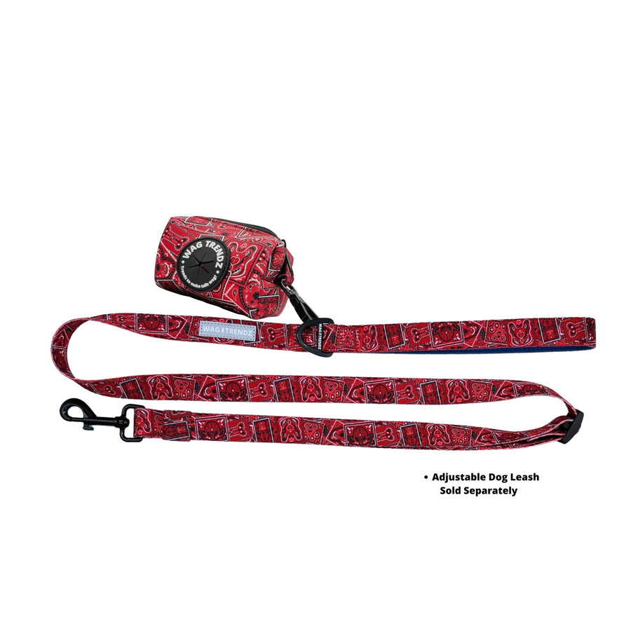 Dog Poo Bag Holder - Bandana Boujee - Red - Poo Bag Holder is attached to matching leash - against a solid white background - Wag Trendz