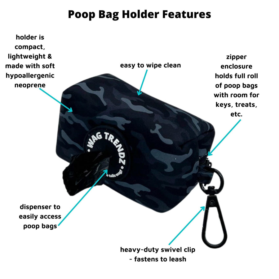 Dog Poo Bag Holder - black and gray Camo Chic- with product feature captions - against white background - Wag Trendz