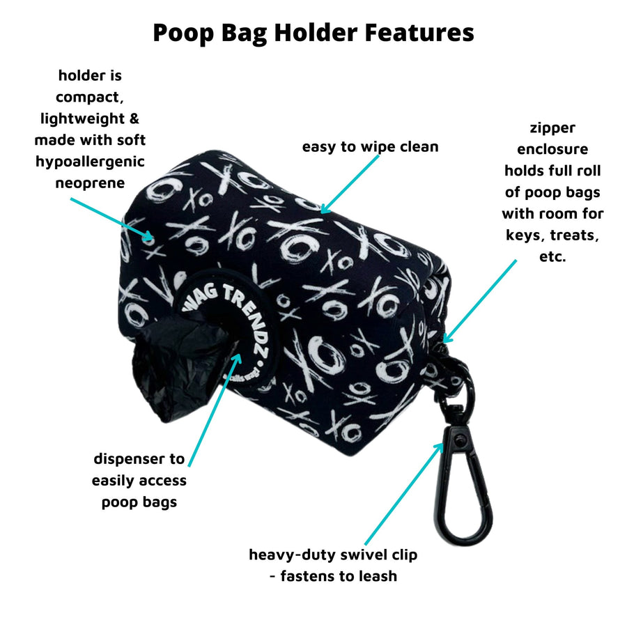 Dog Poo Bag Holder - black & white XO pattern - Hugs & Kisses XO - against white background - with product feature captions - Wag Trendz