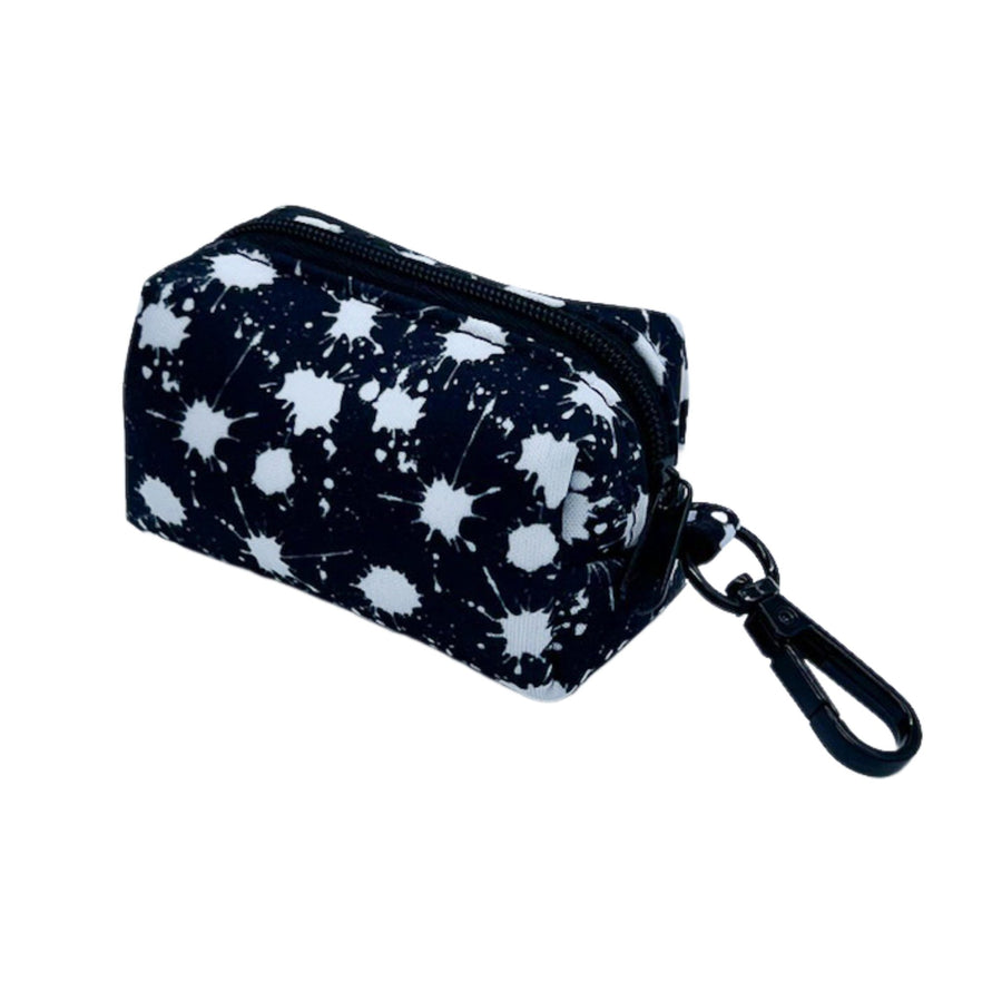 Dog Poo Bag Holder - black with white paint splatter against white background - zipper view - Wag Trendz