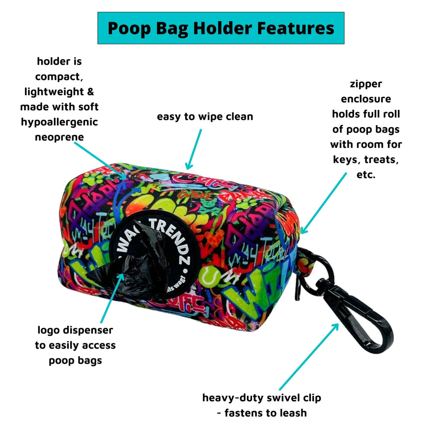 Dog Poo Bag Holder - with product feature captions - against white background - Wag Trendz