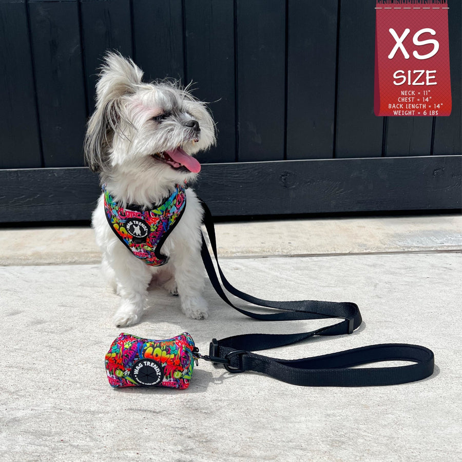 Dog Poo Bag Holder - Shih Tzu mix wearing multi-colored street graffiti dog harness with matching dog leash and poo bag holder - against white background - Wag Trendz