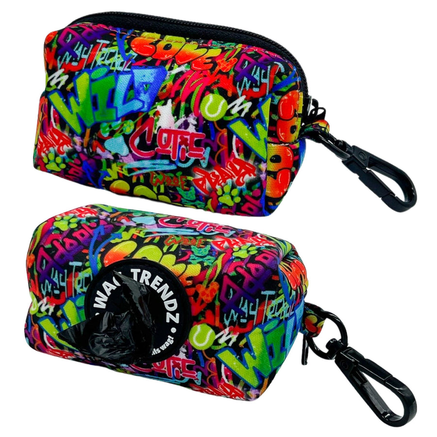 Dog Poo Bag Holders - multi-colored street graffiti - two bags from two views top and side - against white background - Wag Trendz
