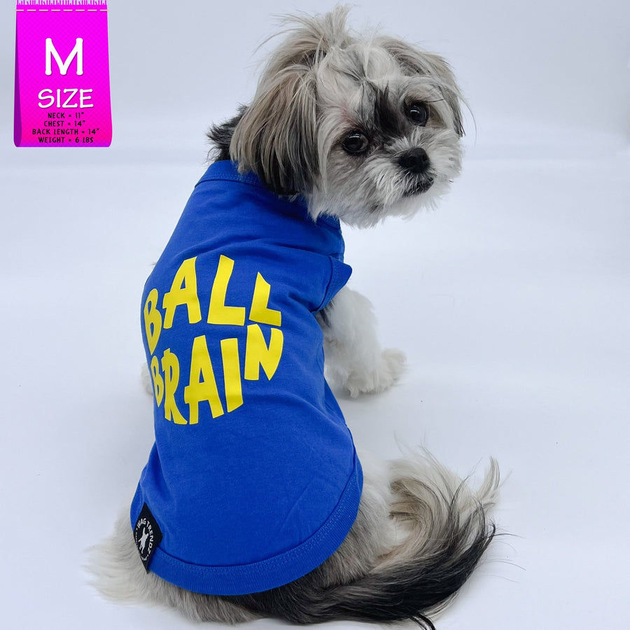 Dog T-Shirt - Shih Tzu mix wearing blue Ball Brain t-shirt with bright yellow Ball Brain - back view - against solid white background - Wag Trendz