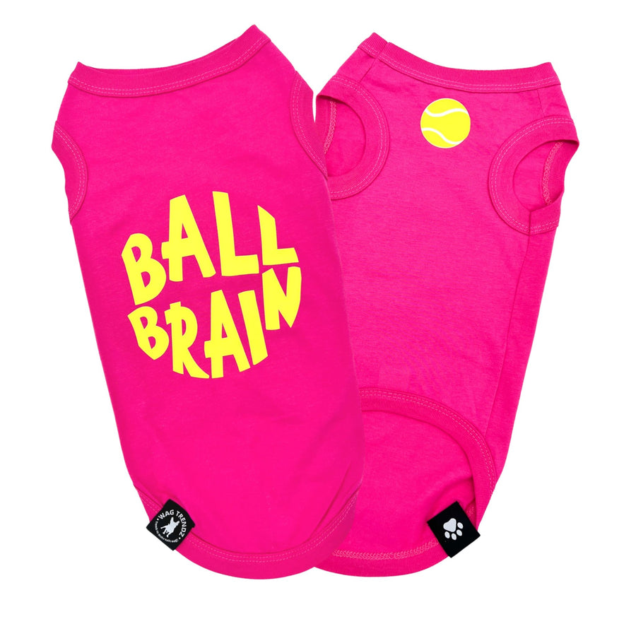 Dog T-Shirt - Ball Brain in Pink - with bright yellow Ball Brain on back and yellow tennis ball emoji on front chest - against solid white background - Wag Trendz