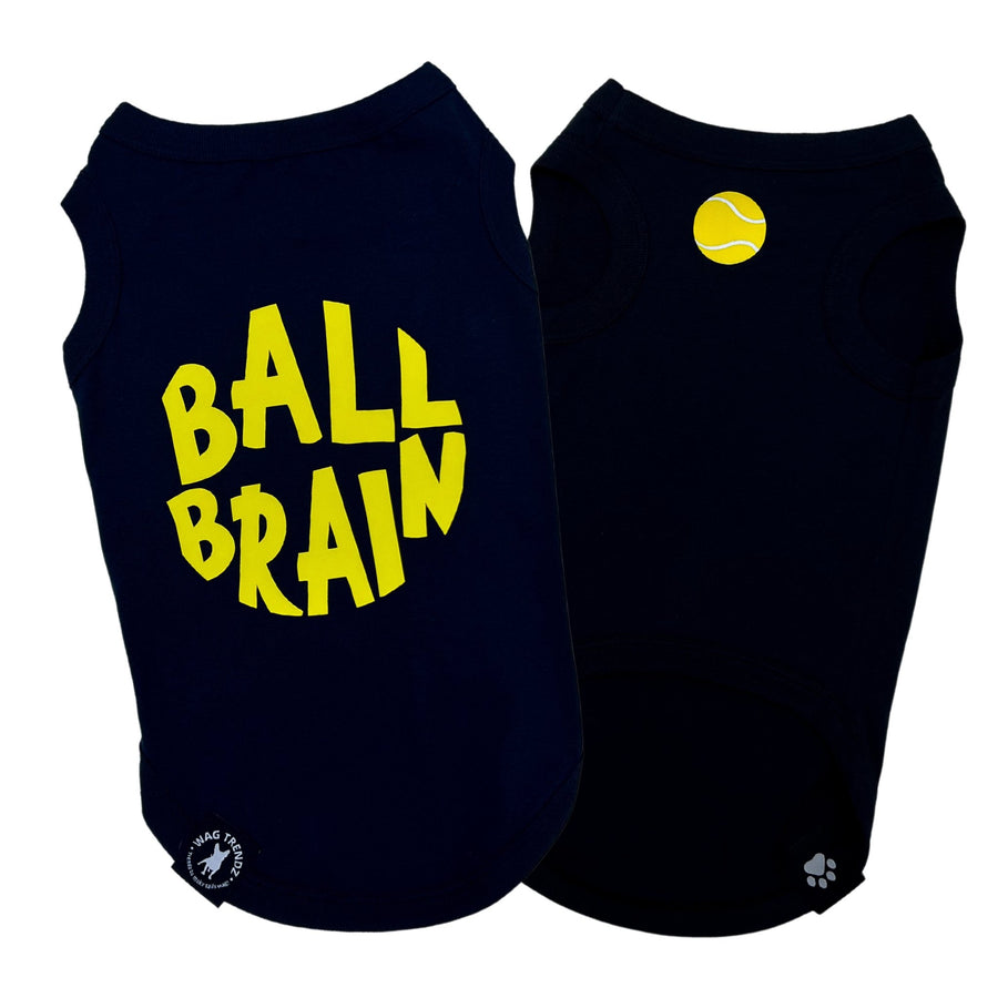 Dog T-Shirt - Ball Brain in Black - with bright yellow Ball Brain on back and yellow tennis ball emoji on front chest - against solid white background - Wag Trendz