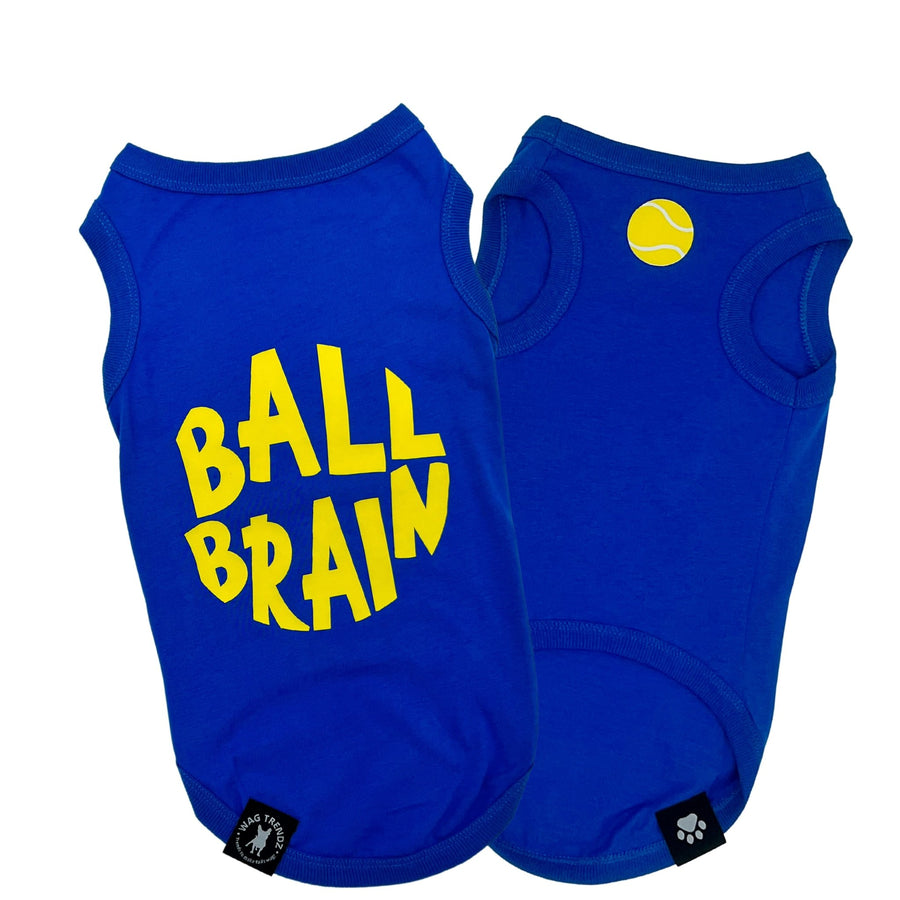 Dog T-Shirt - Ball Brain in Blue -  with bright yellow Ball Brain on back and yellow tennis ball emoji on front chest - against solid white background - Wag Trendz
