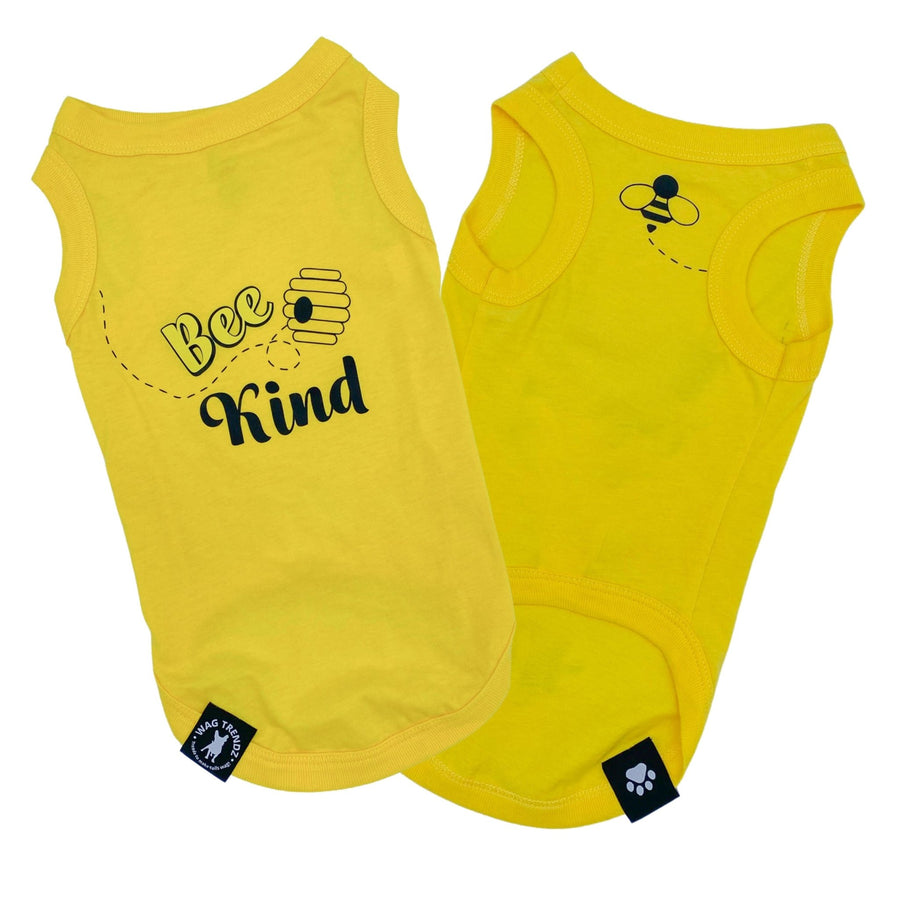 Dog T-Shirt - "Bee Kind" - Yellow set with back of bee hive and front chest of swarming bee emoji in black lettering - against solid white background - Wag Trendz