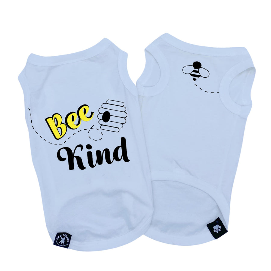 Dog T-Shirt - "Bee Kind" - White set with back of bee hive and front chest of swarming bee emoji in yellow and black lettering - against solid white background - Wag Trendz