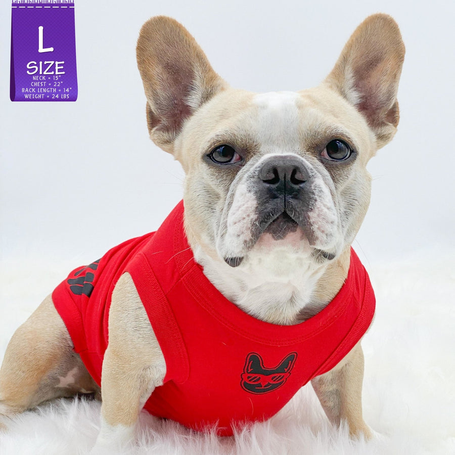 Dog T-Shirt - French Bulldog wearing "Bruh" dog t-shirt in Red - with a smirk faced French Bulldog emoji on chest - against solid white background - Wag Trendz