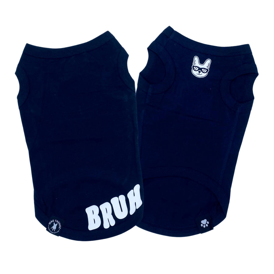 Dog T-Shirt - "Bruh" dog t-shirt in Black set - back view with BRUH spelled in white on black t-shirt and a smirk faced French Bulldog emoji on chest - against solid white background - Wag Trendz