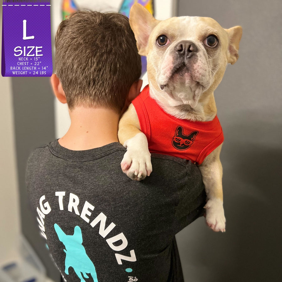 Dog T-Shirt - French Bulldog wearing "Bruh" dog t-shirt in Red - with a smirk faced French Bulldog emoji on chest - sitting over a human's shoulder - Wag Trendz