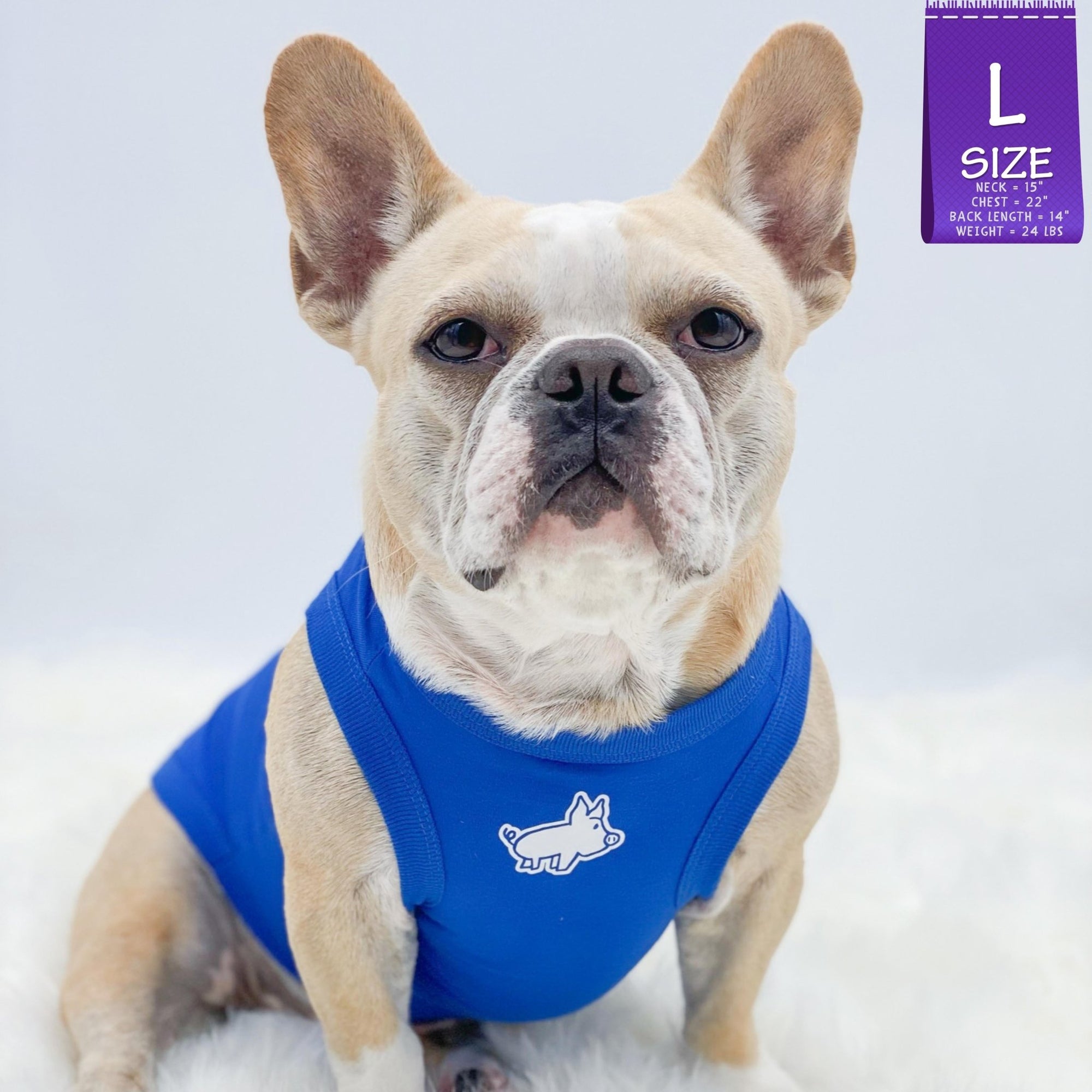 Dog T-Shirt - Frenchie Bulldog wearing &quot;Farm Life&quot; blue dog t-shirt - pig emoji on chest in white - against a solid white background - Wag Trendz