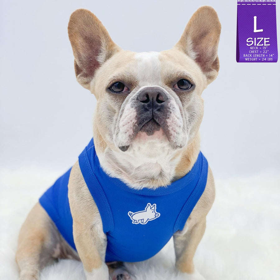 Dog T-Shirt - Frenchie Bulldog wearing "Farm Life" blue dog t-shirt - pig emoji on chest in white - against a solid white background - Wag Trendz