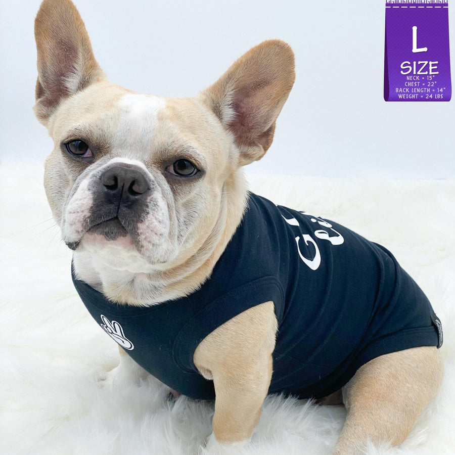 Dog T-Shirt - Frenchie Bulldog wearing "Good Life" dog t-shirt in black - with white finger peace sign emoji on chest and the words Good Life in white lettering on the back - against a solid white background - Wag Trendz