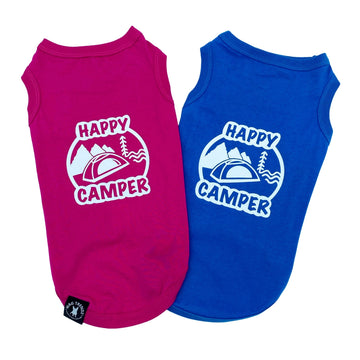 Dog T-Shirt - "Happy Camper" dog t-shirt - Hot Pink and Royal Blue - back view with Happy Camper and camping scene - against solid white background - Wag Trendz