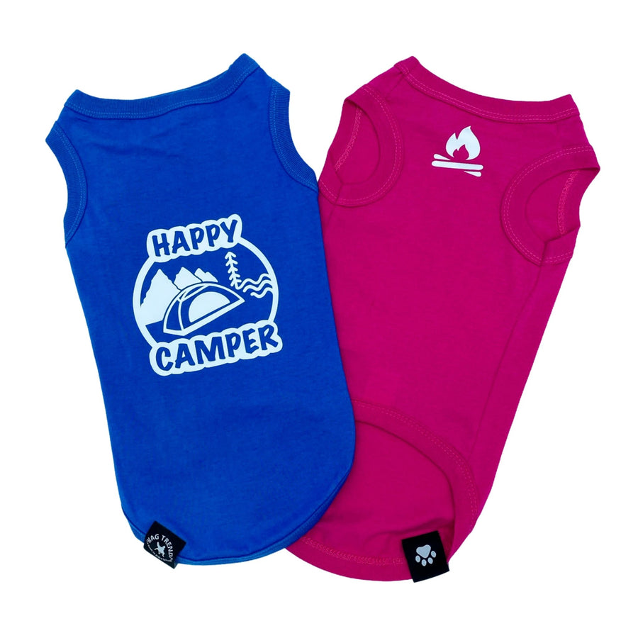 Dog T-Shirt - "Happy Camper" dog t-shirt - Hot Pink and Royal Blue - back view with Happy Camper and camping scene while pink t-shirt is chest view with campfire emoji - against solid white background - Wag Trendz