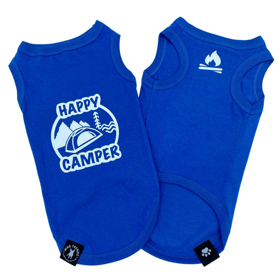 Dog T-Shirt - "Happy Camper" dog t-shirt - Royal Blue set - back view with Happy Camper and camping scene and chest view with campfire emoji - against solid white background - Wag Trendz