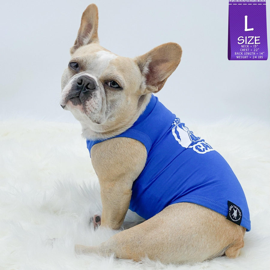 Dog T-Shirt - French Bulldog wearing a blue "Happy Camper" dog t-shirt - with camping scene in white on back - against solid white background - Wag Trendz