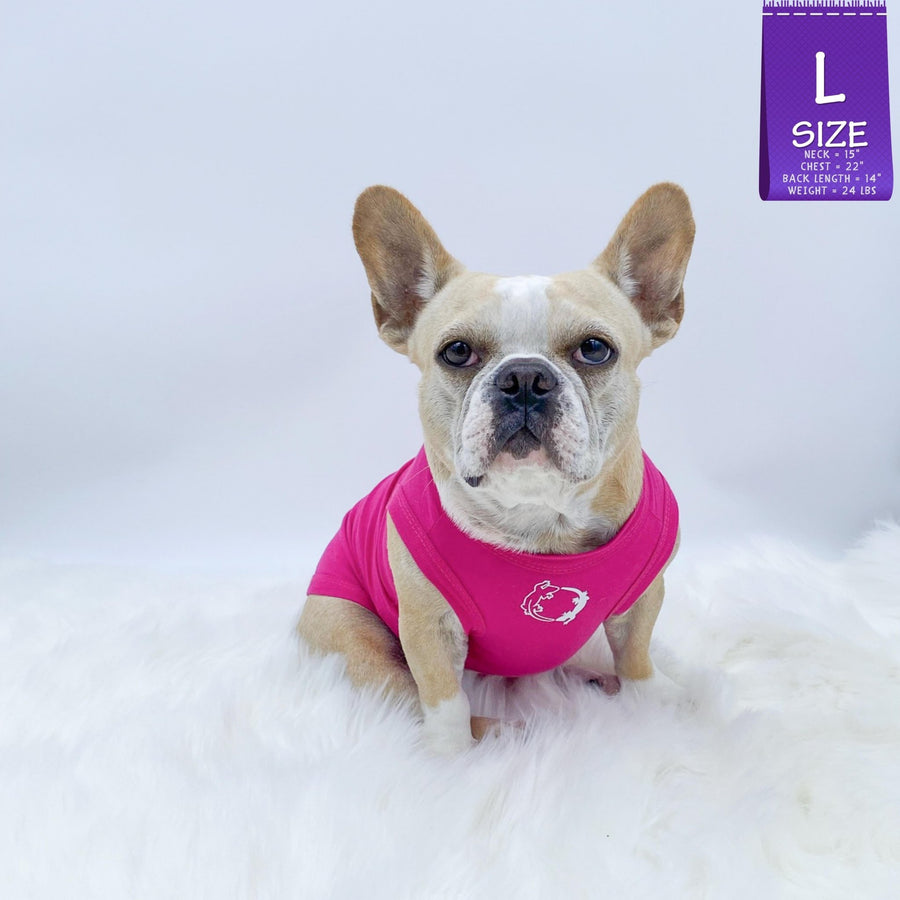 Dog T-Shirt - French Bulldog wearing "Lizard Hunter" dog t-shirt in hot pink - chest view with two Lizards making a circle emoji in white - against solid white background - Wag Trendz