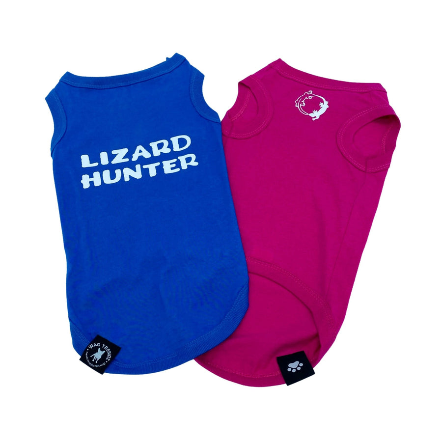 Dog T-Shirt - "Lizard Hunter" - Royal Blue and Hot Pink dog t-shirts - back view with Lizard Hunter lettering in white and chest view with lizards making a circle emoji - against solid white background - Wag Trendz