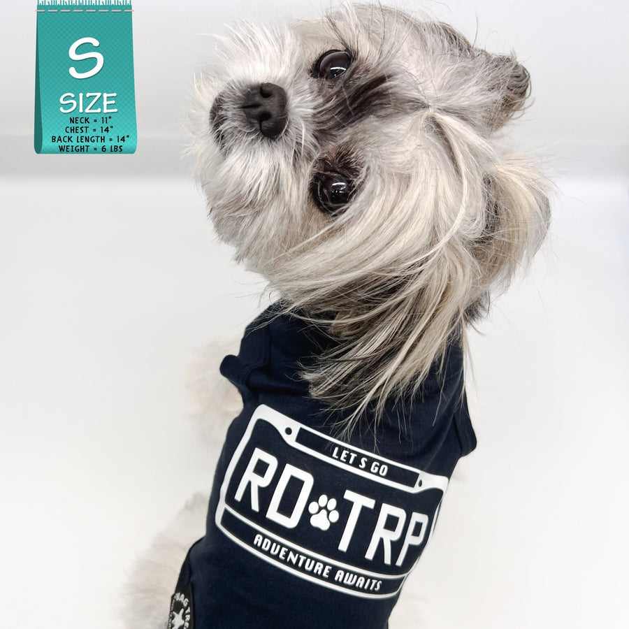 Dog T-Shirt - Shih Tzu Mix wearing Road Trip T-Shirt in black with Road Trip License Plate - against solid white background - Wag Trendz