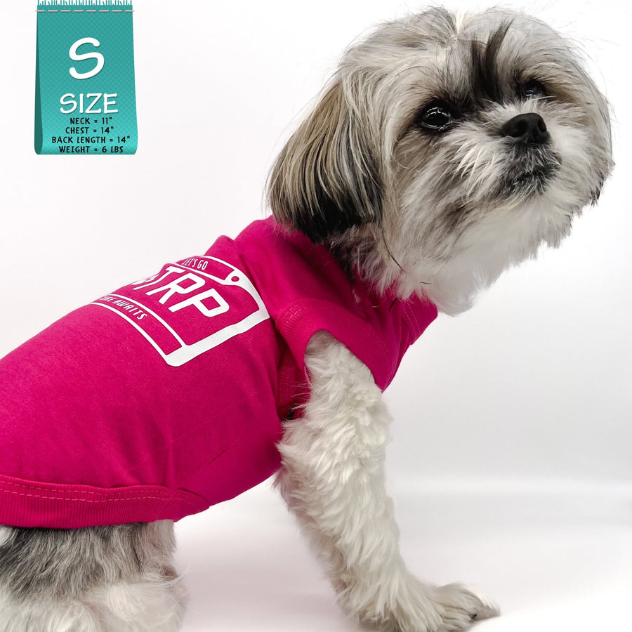 Dog T-Shirt - Shih Tzu Mix wearing Road Trip T-Shirt in Hot Pink with Road Trip License Plate - against solid white background - Wag Trendz