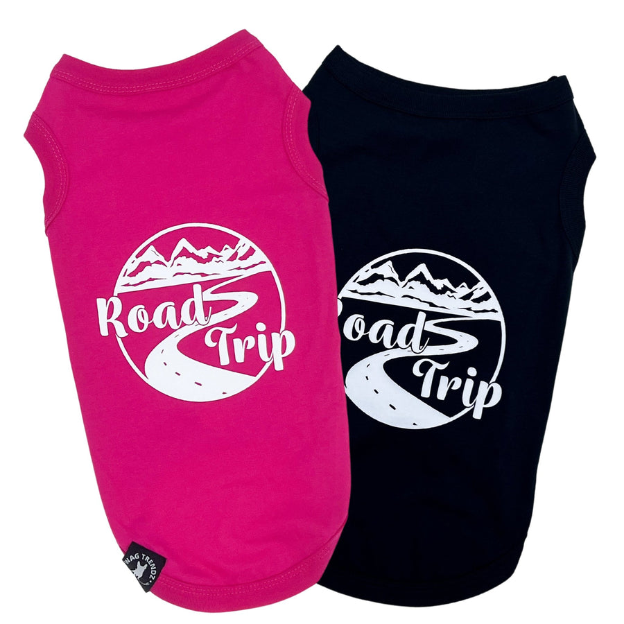 Dog T-Shirt - Road Trip - Pink and Black T-Shirts with Road Trip Mountain View on back - against solid white background - Wag Trendz