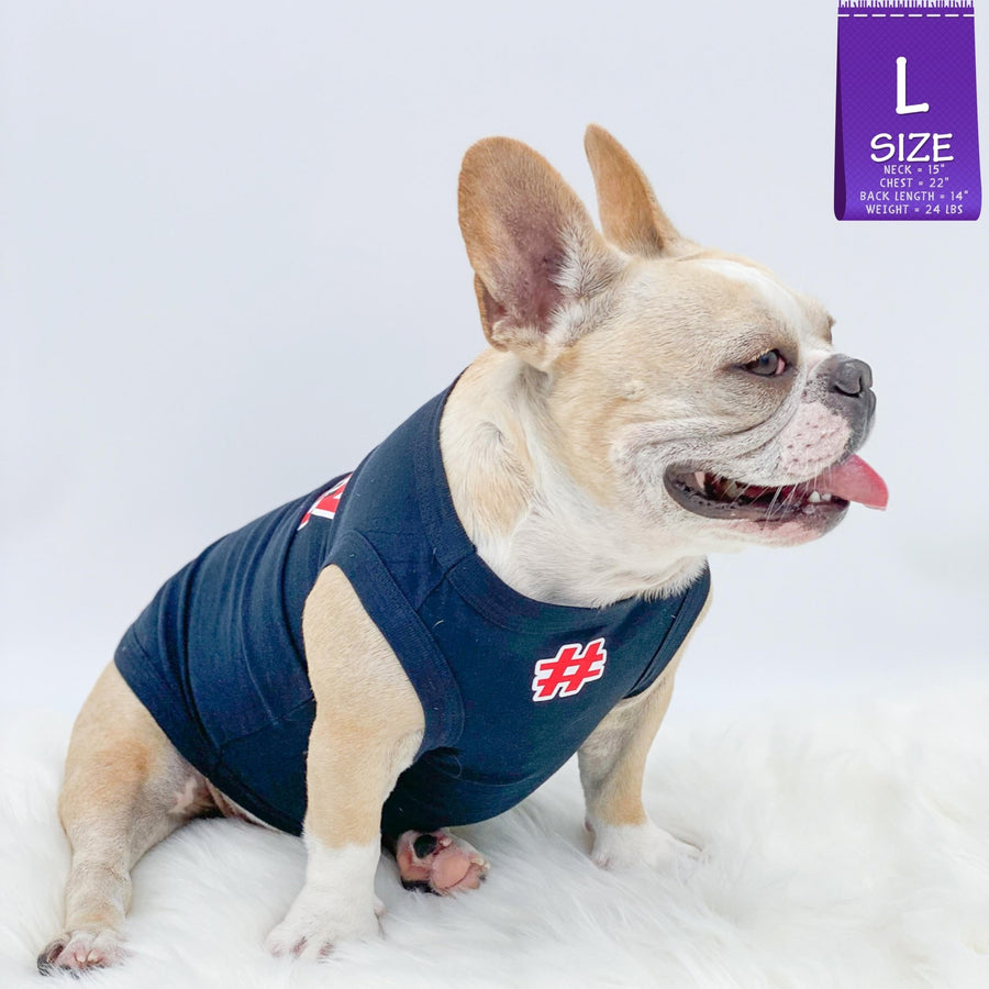 Dog T-Shirt - French Bulldog wearing "Sorry Not Sorry" black dog t-shirt with red and white hashtag emoji on chest red and white lettering on back- against solid white background - Wag Trendz
