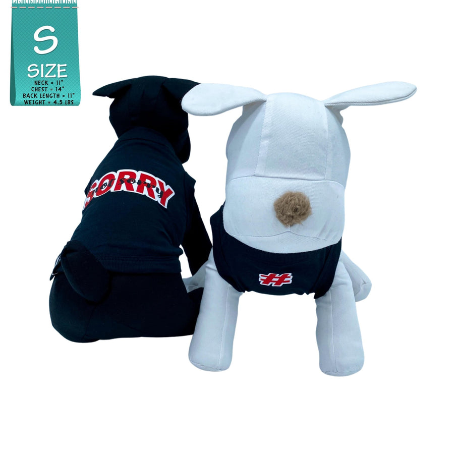 Dog T-Shirt - stuffed dogs one black and one white wearing "Sorry Not Sorry" black dog t-shirt with red and white lettering on back and red and white hashtag emoji on chest - against solid white background - Wag Trendz