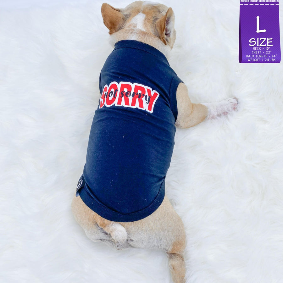 Dog T-Shirt - French Bulldog wearing "Sorry Not Sorry" black dog t-shirt with red and white lettering on back - against solid white background - Wag Trendz