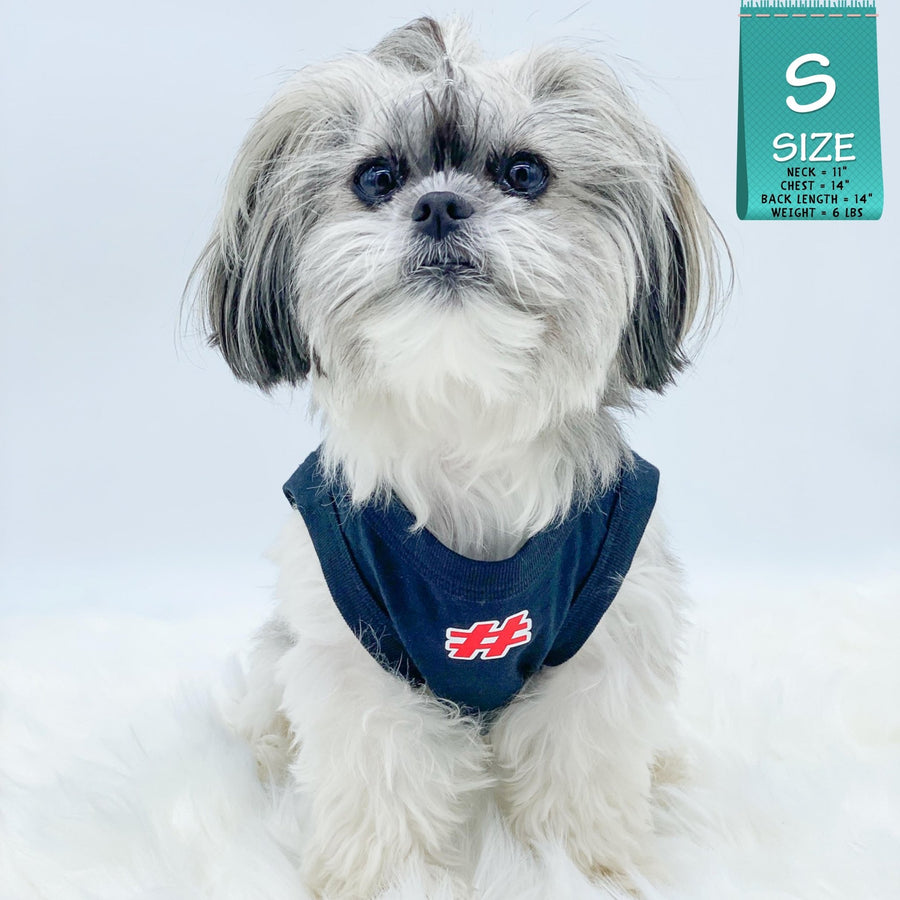 Dog T-Shirt - Shih Tzu mix wearing "Sorry Not Sorry" black dog t-shirt with red and white hashtag emoji on chest - against solid white background - Wag Trendz