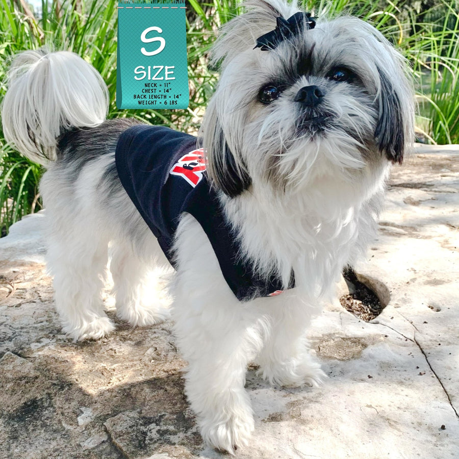 Dog T-Shirt - Shih Tzu mix wearing "Sorry Not Sorry" black dog t-shirt with red and white hashtag emoji on chest red and white lettering on back- standing outdoors on a rock - Wag Trendz