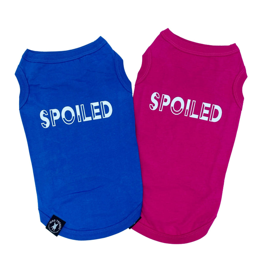 Dog T-Shirt - "Spoiled" - Royal Blue and Hot Pink dog t-shirts - back has SPOILED lettering in white - against solid white background - Wag Trendz