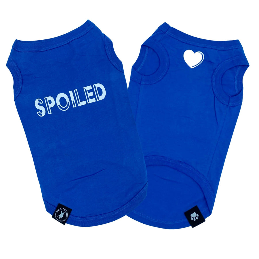 Dog T-Shirt - "Spoiled" - Royal Blue dog t-shirt set - back has SPOILED lettering in white and chest has a solid white heart emoji - against solid white background - Wag Trendz