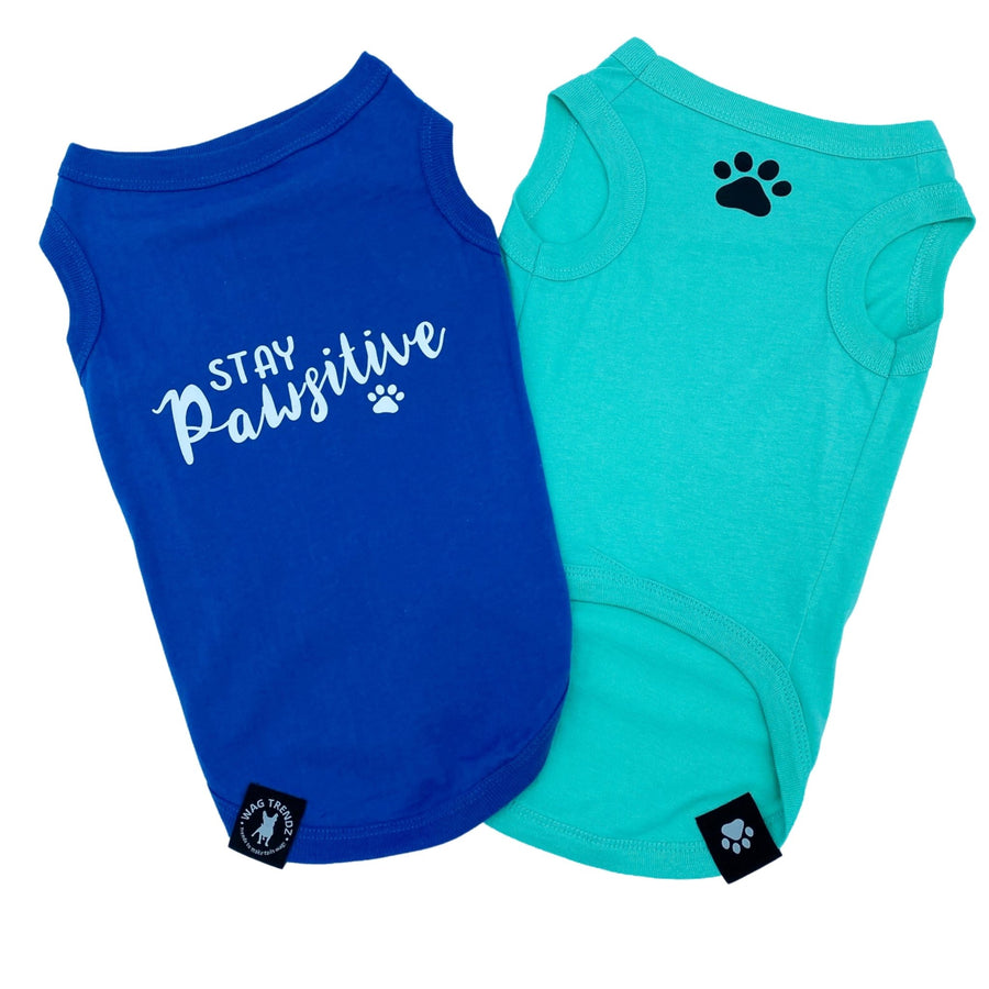 Dog T-Shirt - "Stay Pawsitive" - Royal Blue and Teal dog t-shirt - Stay Pawsitive lettering in white on blue t-shirt and a paw print emoji in black on chest of teal t-shirt - against solid white background - Wag Trendz