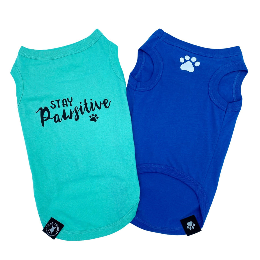 Dog T-Shirt - "Stay Pawsitive" - Teal and Royal Blue dog t-shirt - Stay Pawsitive lettering in black on teal t-shirt and a paw print emoji in white on chest of blue t-shirt - against solid white background - Wag Trendz