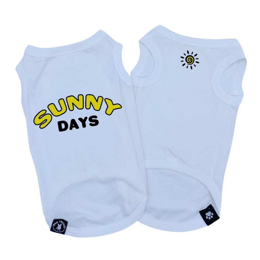 Dog T-Shirt - "Sunny Days" dog t-shirts in White - backside says Sunny Days with a modern sunshine emoji on chest - lettering and emoji is in yellow and black - against solid white background - Wag Trendz