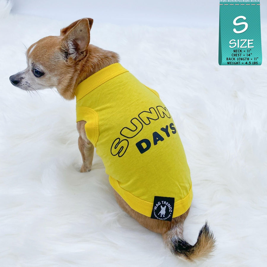 Dog T-Shirt - Chihuahua wearing yellow "Sunny Days" dog t-shirt - Sunny Days lettering in black - against solid white background - Wag Trendz