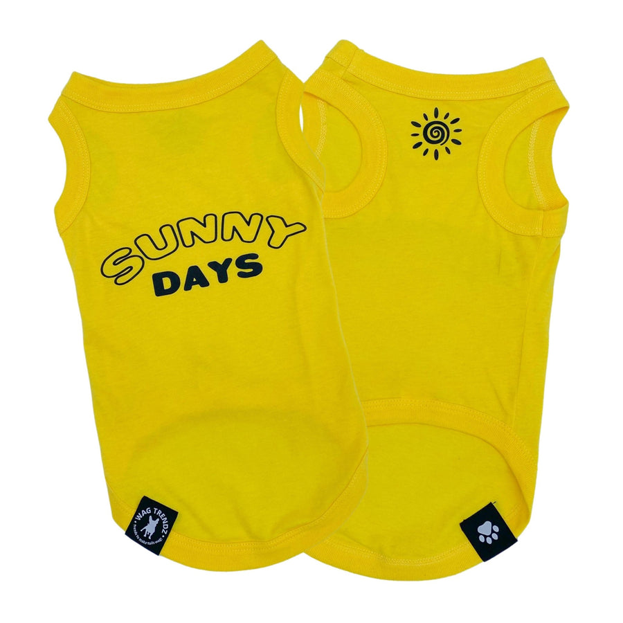Dog T-Shirt - "Sunny Days" dog t-shirts in yellow - Sunny Days lettering on back with a modern sunshine emoji on chest in black - against solid white background - Wag Trendz